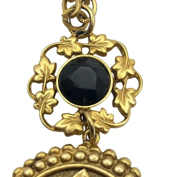 Gold Tone Victorian Revival Necklace Black Glass Medallions Tassel Pendant 36" - Picture 3 of 13